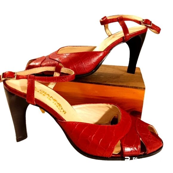 A. Gianetti Made in Italy Red Leather Croc Embossed Peep Toe Slingback S… - Picture 1 of 8